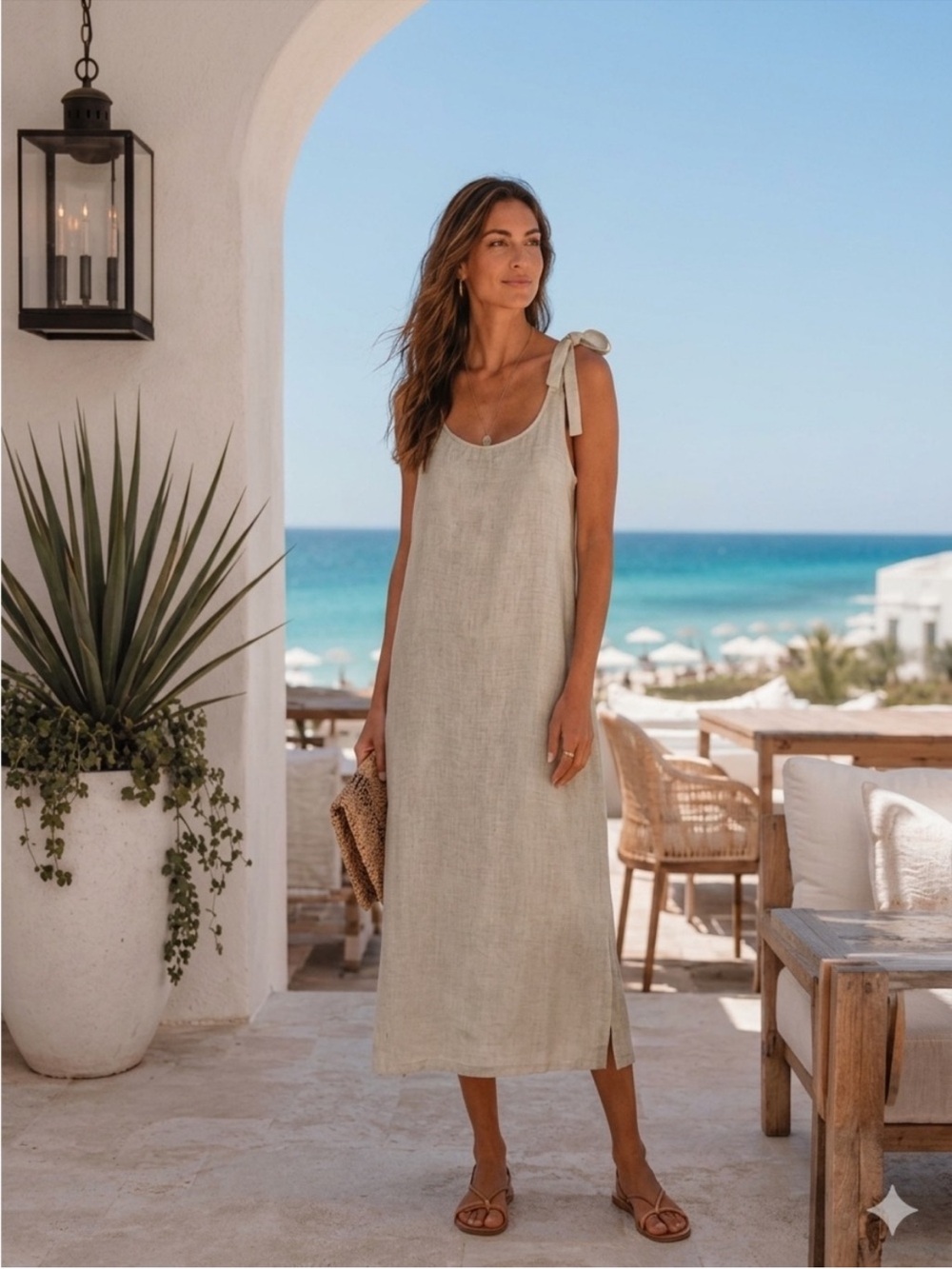 Valentina Naldi Made in Italy Natural Linen Tie Shoulder Midi Dress Casual S - Picture 13 of 13